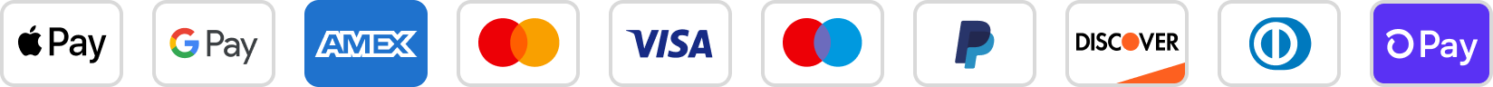 Apple Pay, Google Pay, Amex, Mastercard, Visa, PayPal, Discover, Diners, Shop Pay